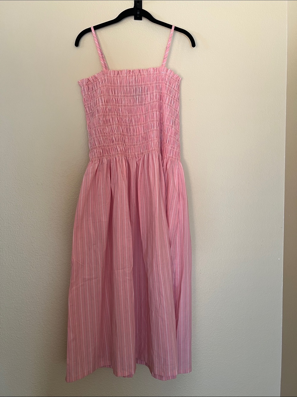 Pink Striped Smocked Midi Dress with Spaghetti Straps
